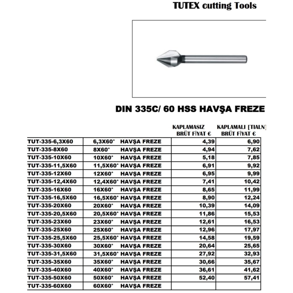 TUTEX 60 - 90 Derece HSS Havşa Freze / FİYAT / DELTA TEKNİK