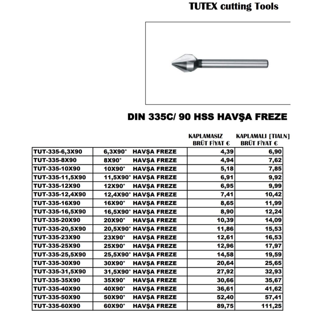 TUTEX 60 - 90 Derece HSS Havşa Freze / FİYAT / DELTA TEKNİK