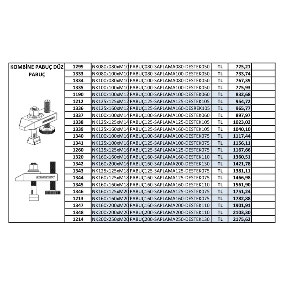 WİSSER BAĞLANTI EKİPMANLARI WİSSER M10x80x80x50 Kombine Düz Pabuç Seti / FİYAT / DELTA TEKNİK